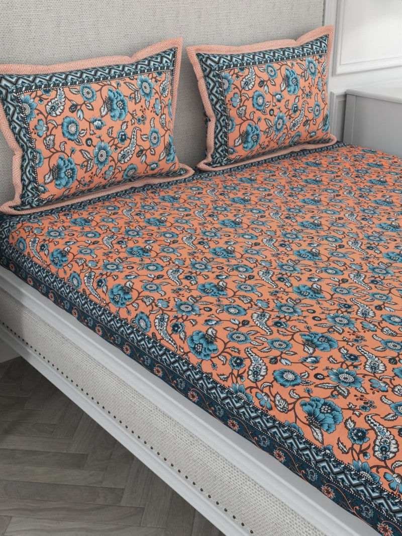 Buy Orange Floral Print Pure Cotton King Size Bedsheet with 2 Pillow Covers | Shop Verified Sustainable Bedding on Brown Living™
