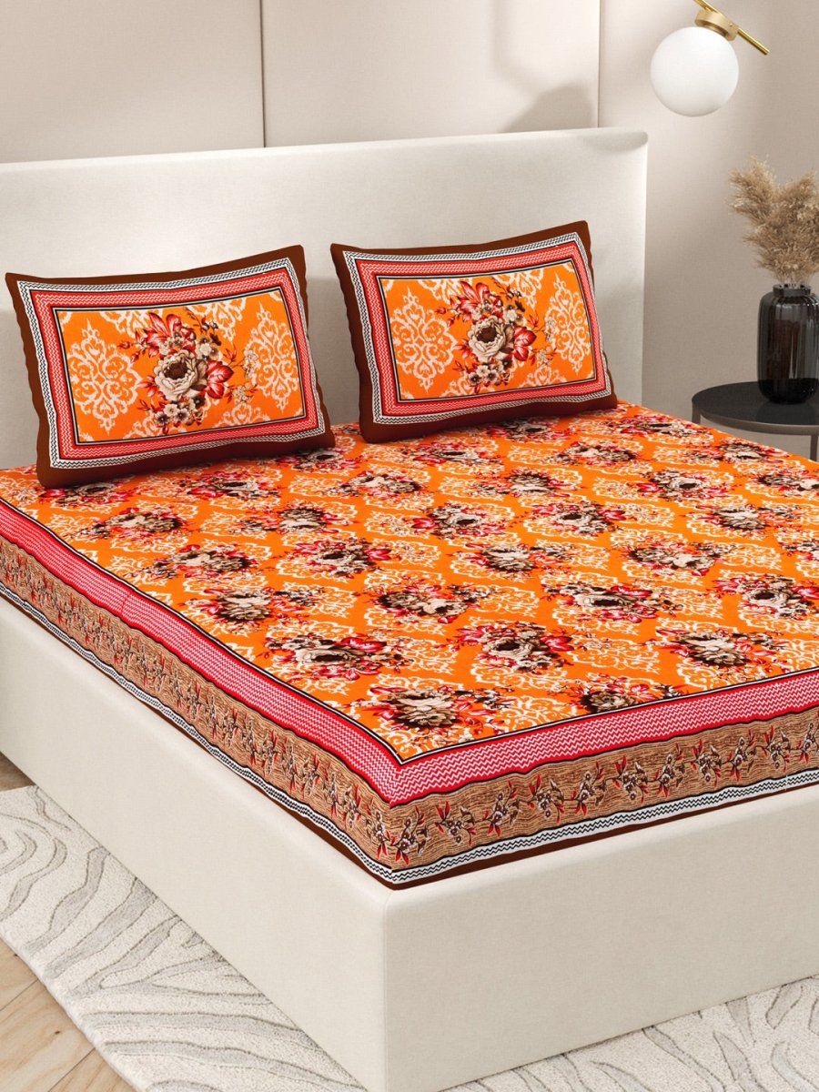 Orange Interiors Floral Print Cotton Queen Size Bedding Set | Verified Sustainable by Brown Living™