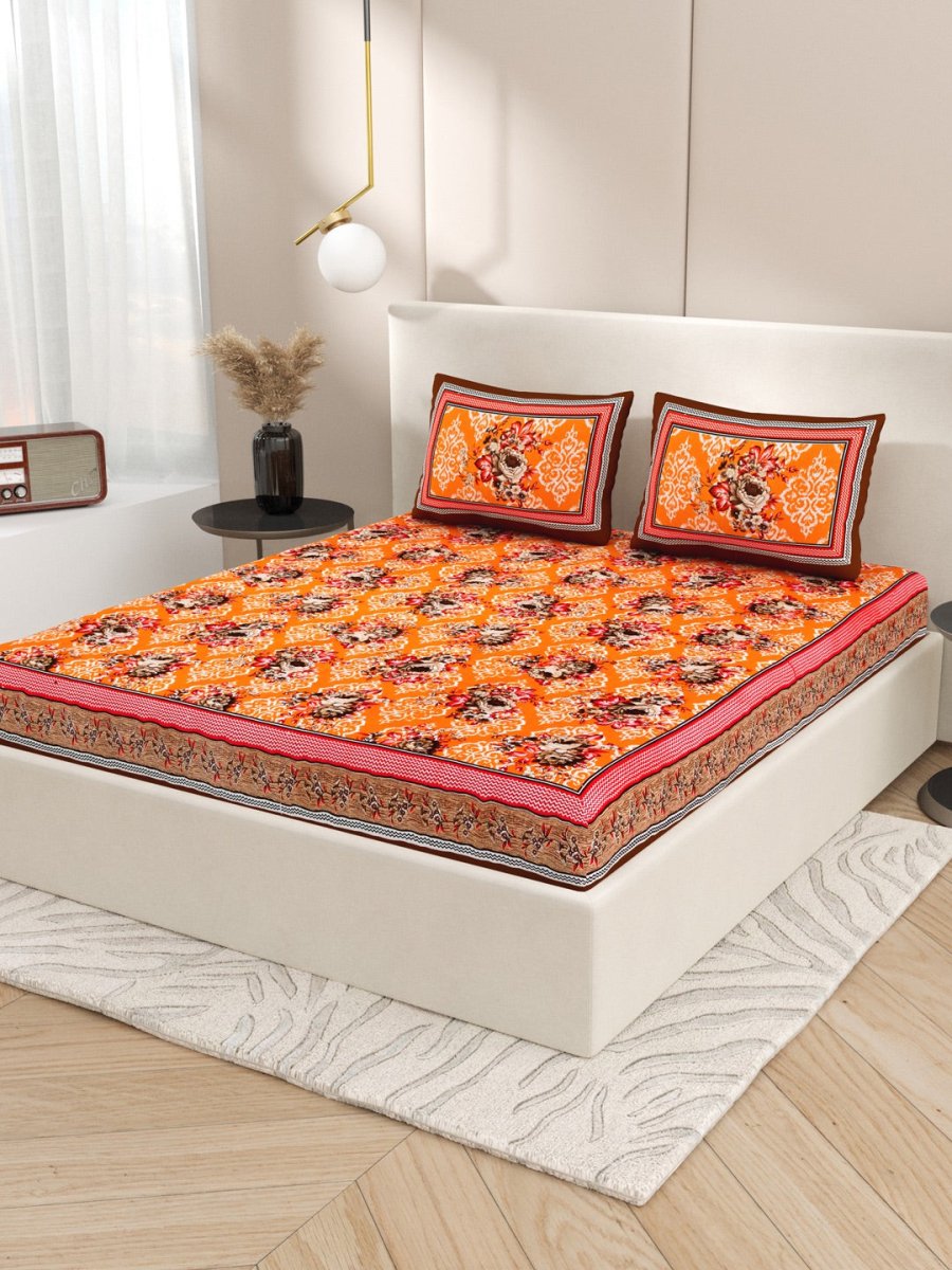 Orange Interiors Floral Print Cotton Queen Size Bedding Set | Verified Sustainable by Brown Living™