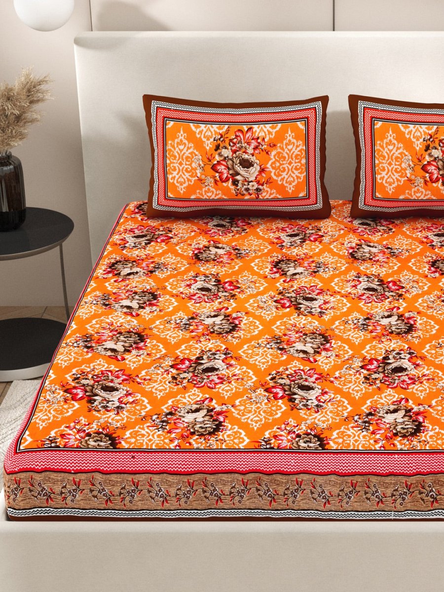 Orange Interiors Floral Print Cotton Queen Size Bedding Set | Verified Sustainable by Brown Living™