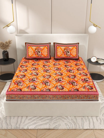 Orange Interiors Floral Print Cotton Queen Size Bedding Set | Verified Sustainable by Brown Living™