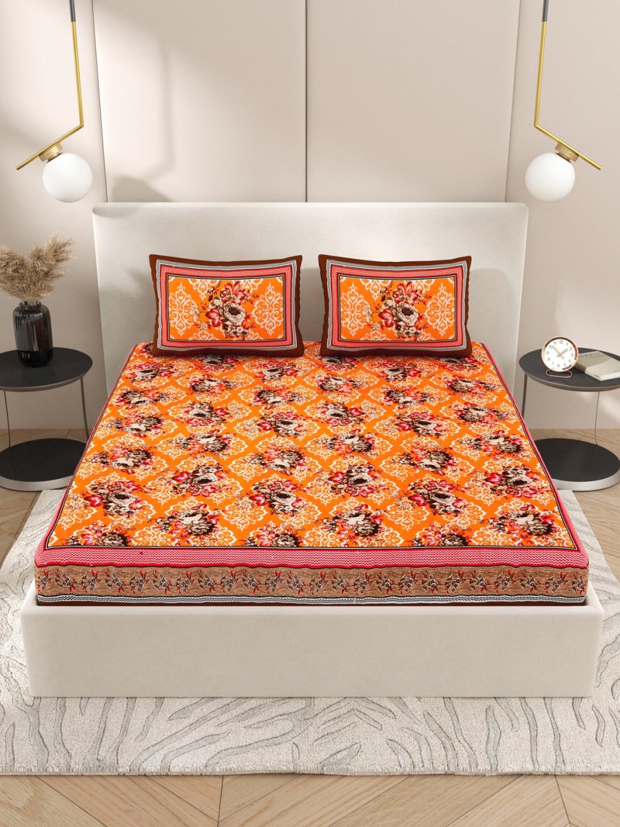 Orange Interiors Floral Print Cotton Queen Size Bedding Set | Verified Sustainable by Brown Living™