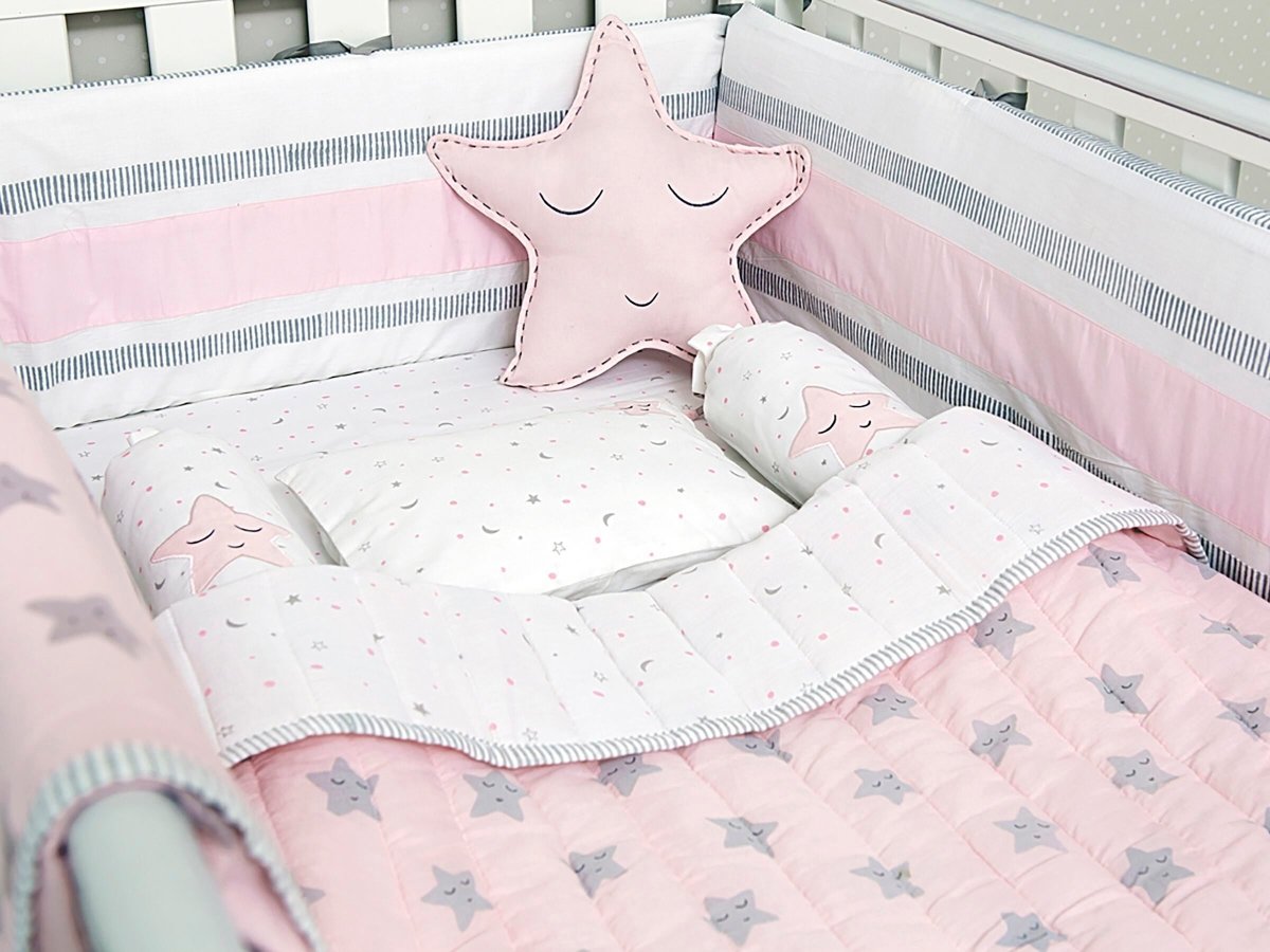 Organic Cotton Cot Bedding Set Sleepy Star Pink | Verified Sustainable by Brown Living™