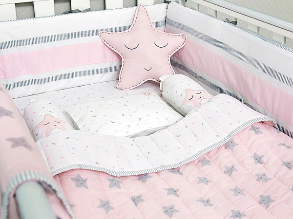 Buy Organic Cotton Cot Bedding Set Sleepy Star Pink | Shop Verified Sustainable Products on Brown Living