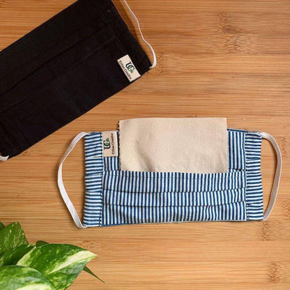 Organic Cotton Double Layered Face Mask with Filter Pocket | Set of 2 - Blue and Black | Verified Sustainable by Brown Living™