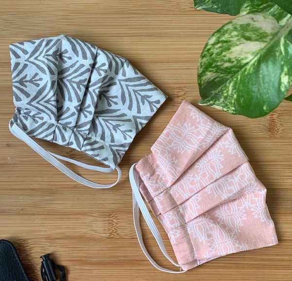 Buy Organic Cotton Double Layered Face Mask with Filter Pocket | Set of 2 - Pink and Grey | Shop Verified Sustainable Products on Brown Living