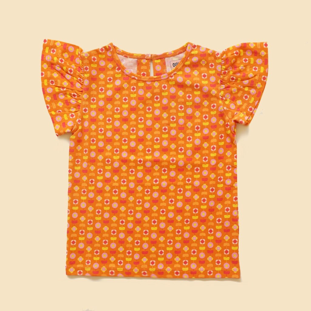 Organic Cotton Flutter Sleeve Top - Indian Flora Orange | Verified Sustainable by Brown Living™