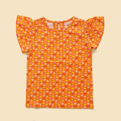 Organic Cotton Flutter Sleeve Top - Indian Flora Orange | Verified Sustainable by Brown Living™