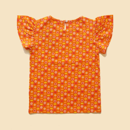 Organic Cotton Flutter Sleeve Top - Indian Flora Orange | Verified Sustainable by Brown Living™