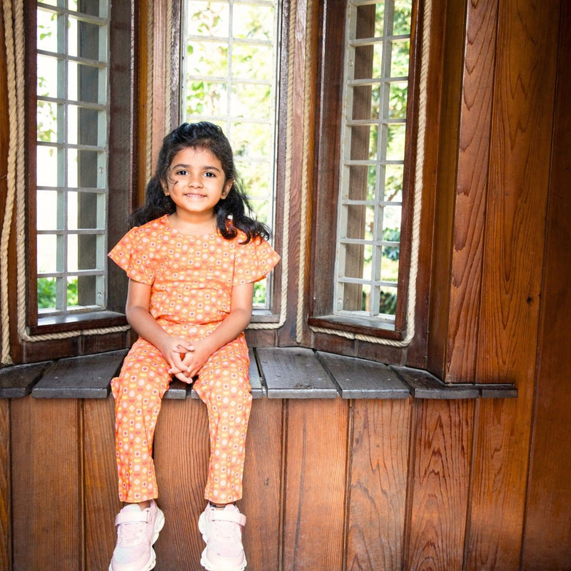 Buy Organic Cotton Flutter Sleeve Top- Indian Flora Orange | Shop Verified Sustainable Kids Top on Brown Living™