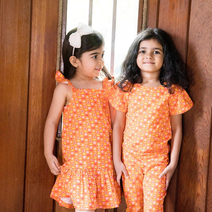 Organic Cotton Flutter Sleeve Top - Indian Flora Orange | Verified Sustainable by Brown Living™
