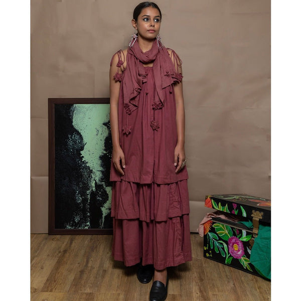 Buy Organic Cotton Mulmul Maroon Dress - Stole set | Shop Verified Sustainable Products on Brown Living