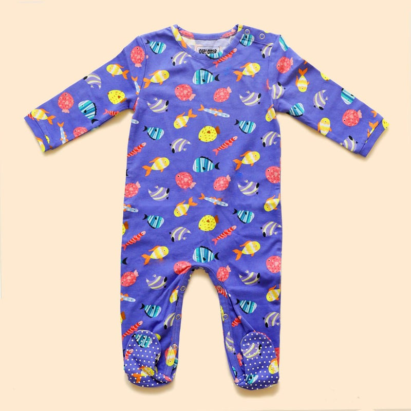 Buy Organic Cotton Sleepsuit with Footsie- Fuzzy Fishes | Shop Verified Sustainable Kids Sleepsuits on Brown Living™