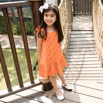 Organic Cotton Strap Dress - Indian Flora Orange | Verified Sustainable by Brown Living™