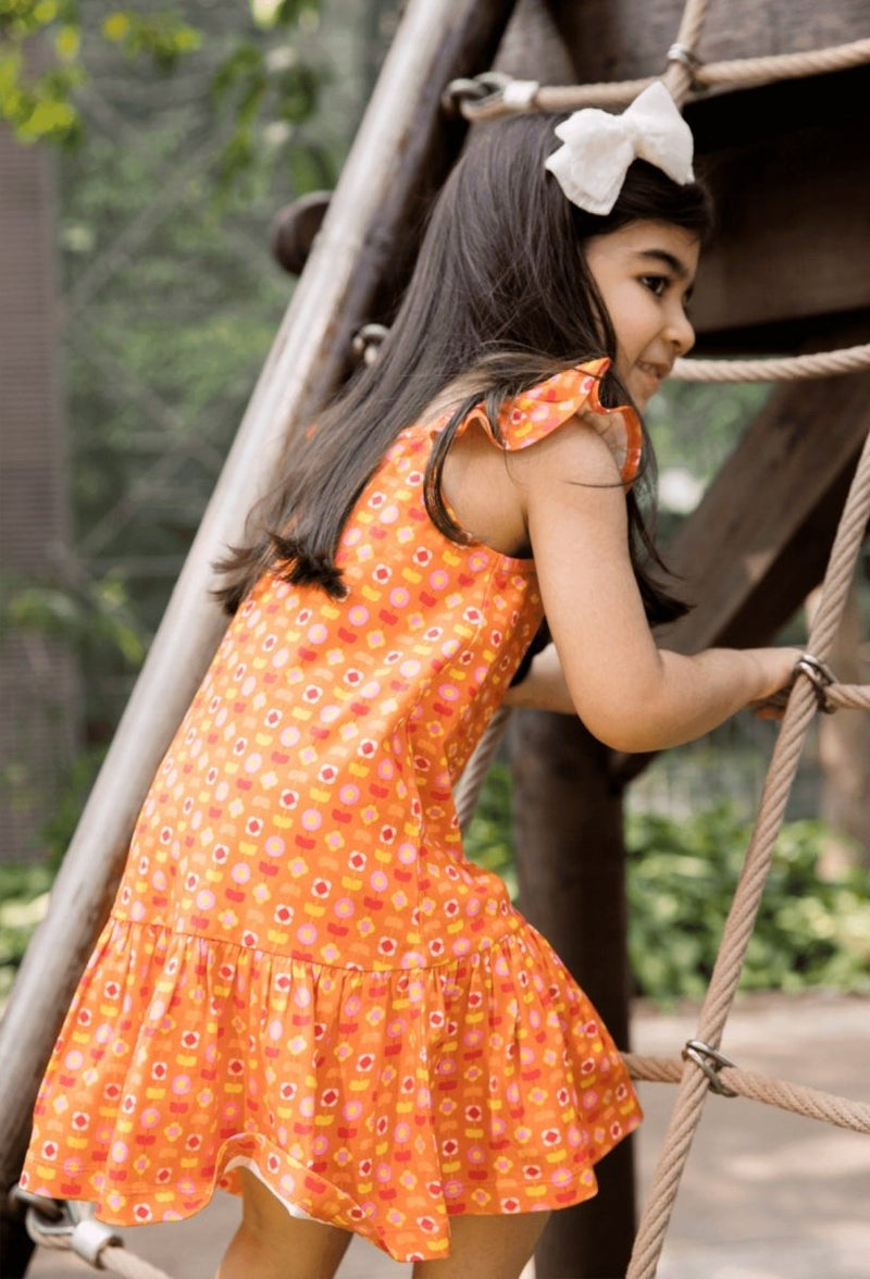 Buy Organic Cotton Strap Dress- Indian Flora Orange | Shop Verified Sustainable Kids Frocks & Dresses on Brown Living™