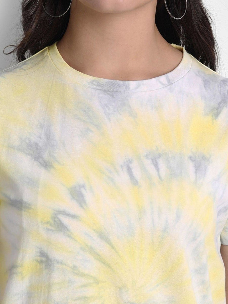Buy Organic Cotton Women's Tie-Dye T-shirt | Pearl Grey & Yellow Spiral Pattern | Shop Verified Sustainable Products on Brown Living