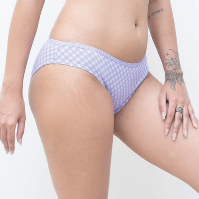 Organic Everyday Bikini Undies - Lavender Checks (3pc) – Womens Underwear on Brown Living™. SKU: BIKINICHECKM. Img 5.