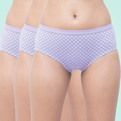 Organic Everyday Hipster Panty - Lavender Checks (3pc) – Womens Underwear on Brown Living™. SKU: HIPCHECKXS. Img 1.