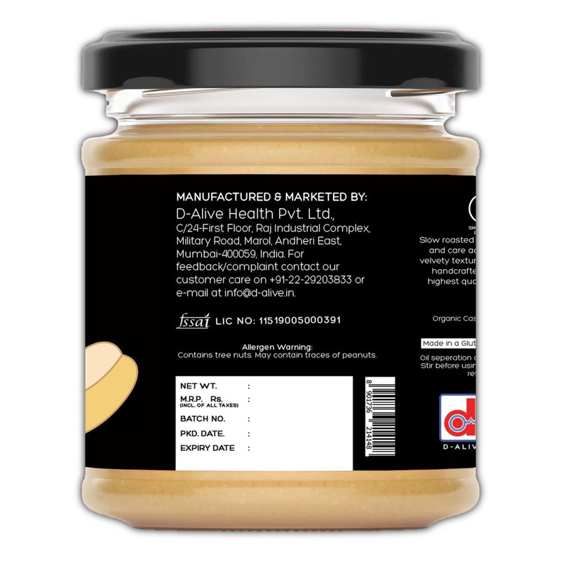 Buy Organic Gluten-Free Cashew Butter (Unsweetened)-180g | Shop Verified Sustainable Jams & Spreads on Brown Living™