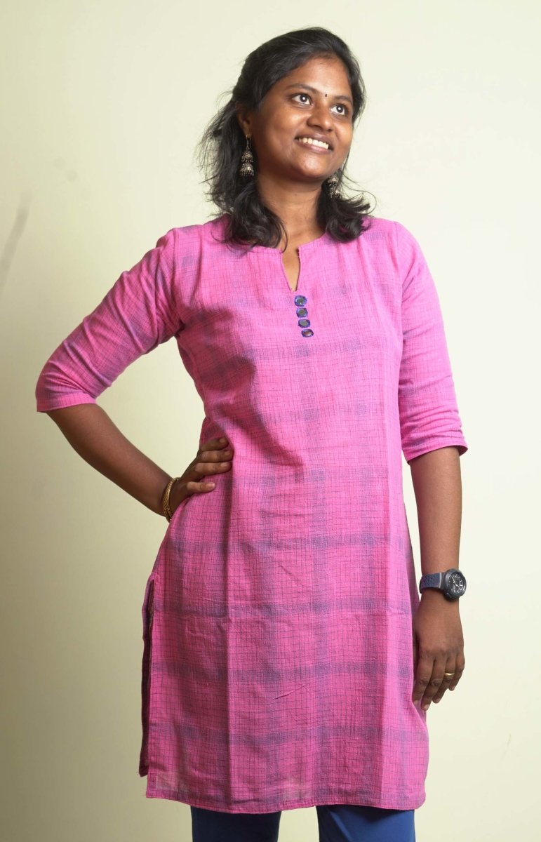 Buy Organic handwoven cotton kurti - Pink Checked | Shop Verified Sustainable Products on Brown Living