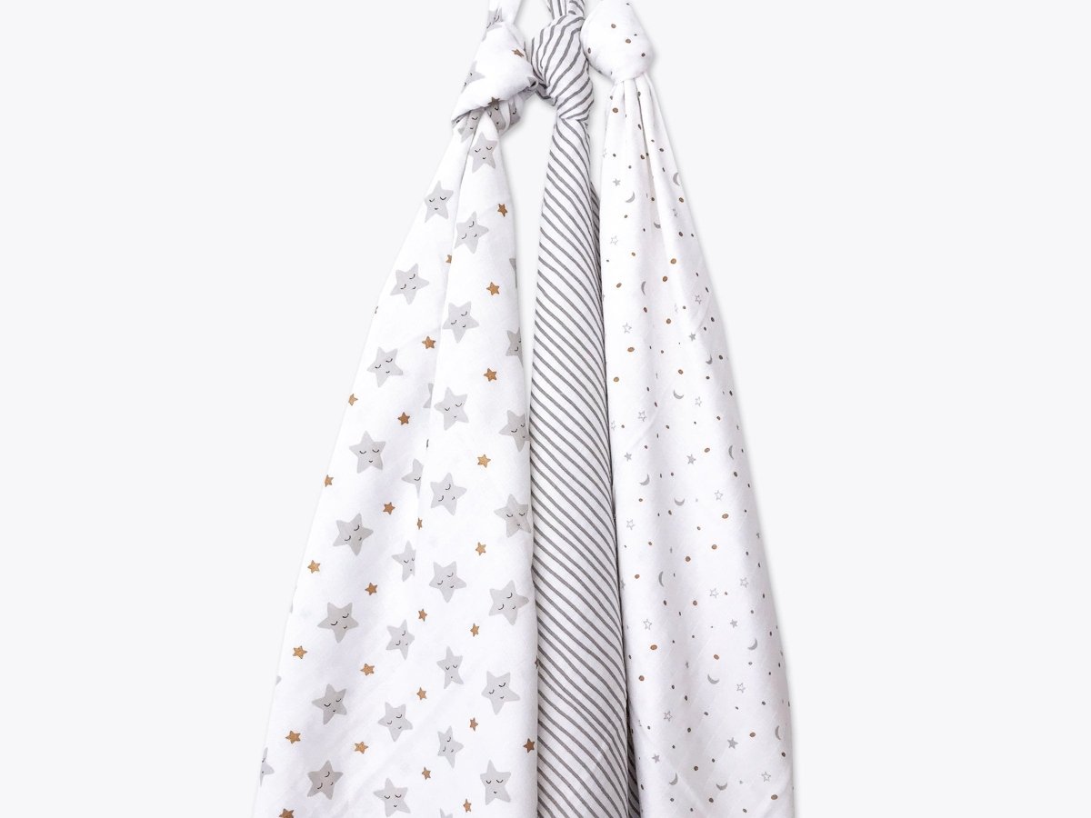 Organic Muslin Swaddles Set of 3 Sleepy Star Metallic | Verified Sustainable by Brown Living™