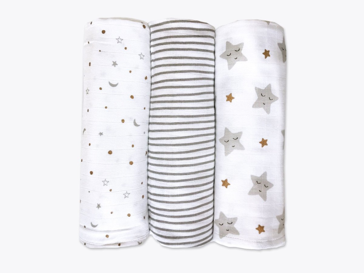 Organic Muslin Swaddles Set of 3 Sleepy Star Metallic | Verified Sustainable by Brown Living™