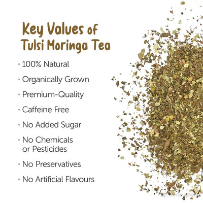 Organic Tulsi Moringa Tea - 25g - Naturally Shade Dried – Tea on Brown Living™. SKU: 1HD - TM25T. Img 2.