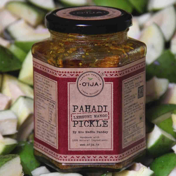 Buy Pahadi Lehsuni Mango Pickle, 100% Preservatives Free, Mom-made | Shop Verified Sustainable Pickles & Chutney on Brown Living™