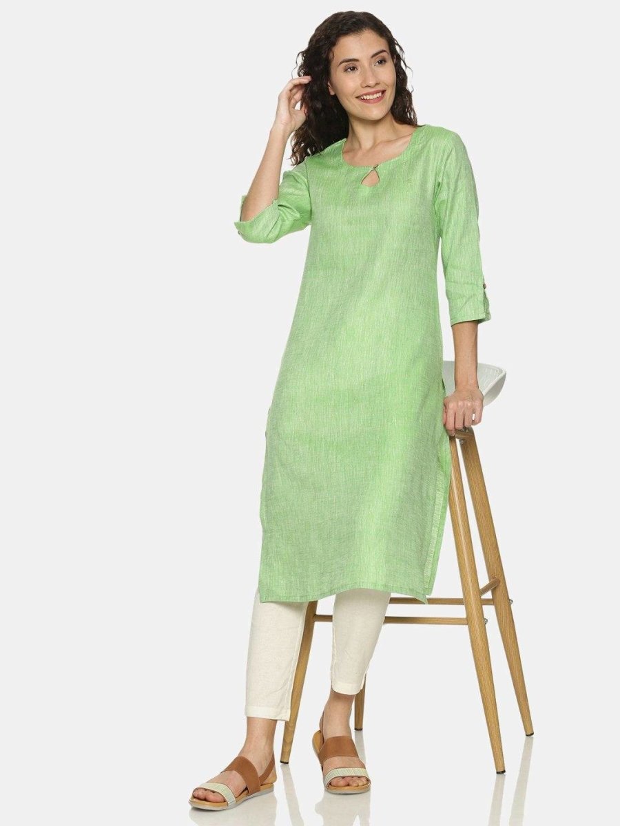 Lime green kurti with mirror work on neck & sleeves – shavaa
