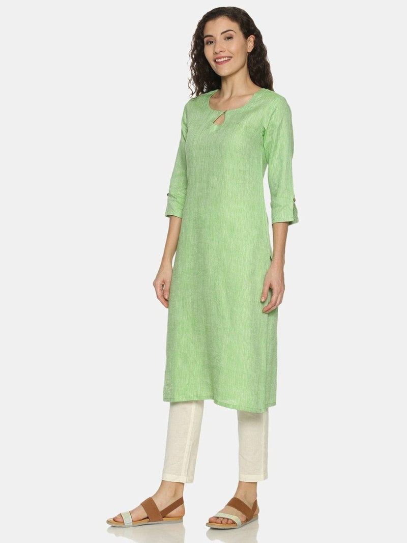 Buy Parrot Green Colour Solid Hemp Straight Long Kurta For Women | Shop Verified Sustainable Womens Kurta on Brown Living™