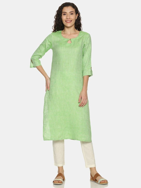 Buy Parrot Green Colour Solid Hemp Straight Long Kurta For Women | Shop Verified Sustainable Products on Brown Living