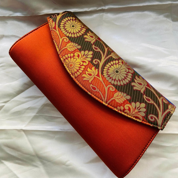 Buy Party Clutch Purse with Sling- Orange with flower design | Shop Verified Sustainable Products on Brown Living