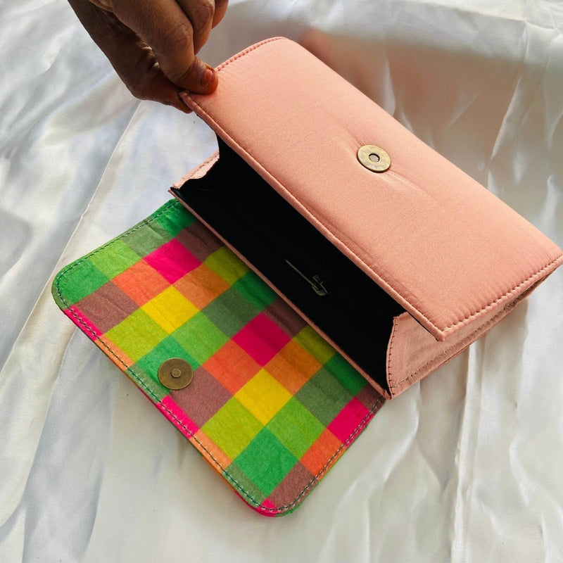 Buy Party Clutch Purse with Sling- Peach with multicolour | Shop Verified Sustainable Womens Clutch on Brown Living™