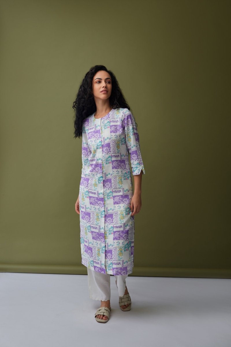 Patchwork Linen Kurta Purple | Verified Sustainable Womens Kurta on Brown Living™