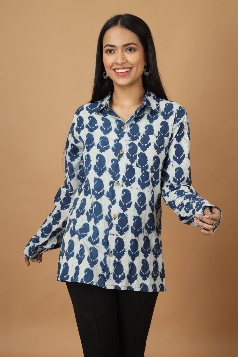 Buy Pattrika Dabu Indigo Womens Cotton Shirt | Shop Verified Sustainable Womens Shirt on Brown Living™