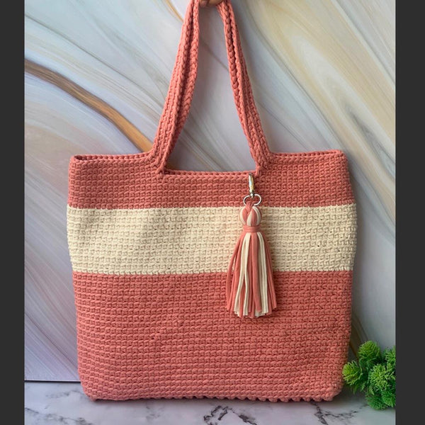 Buy Peach and Beige Cotton Yarn Tshirt Unisex Tote- Shoulder Bag | Shop Verified Sustainable Products on Brown Living