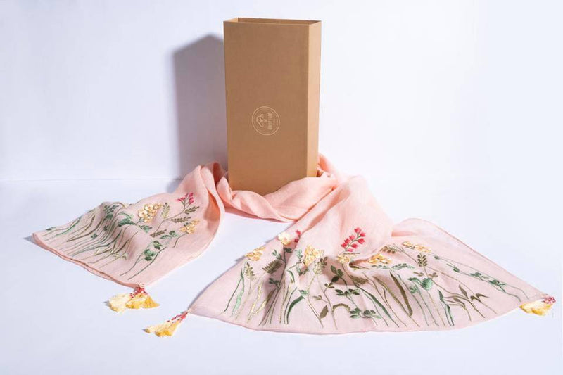 Buy Peach Linen Scarf With 3D Florals & Hand Crafted Tassels | Shop Verified Sustainable Products on Brown Living