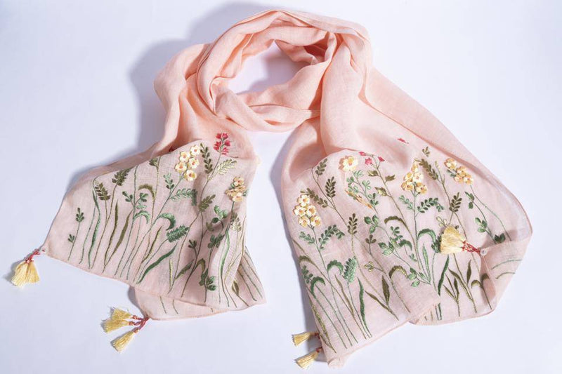 Buy Peach Linen Scarf With 3D Florals & Hand Crafted Tassels | Shop Verified Sustainable Products on Brown Living