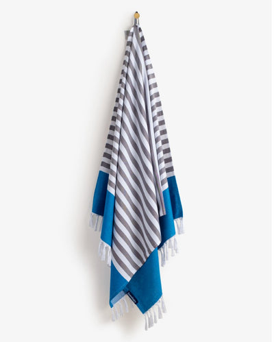 Peacock Blue Bamboo & Cotton Blend Woven Towel | Tula stripe – Bath Linens on Brown Living™. SKU: WBT003. Img 2.