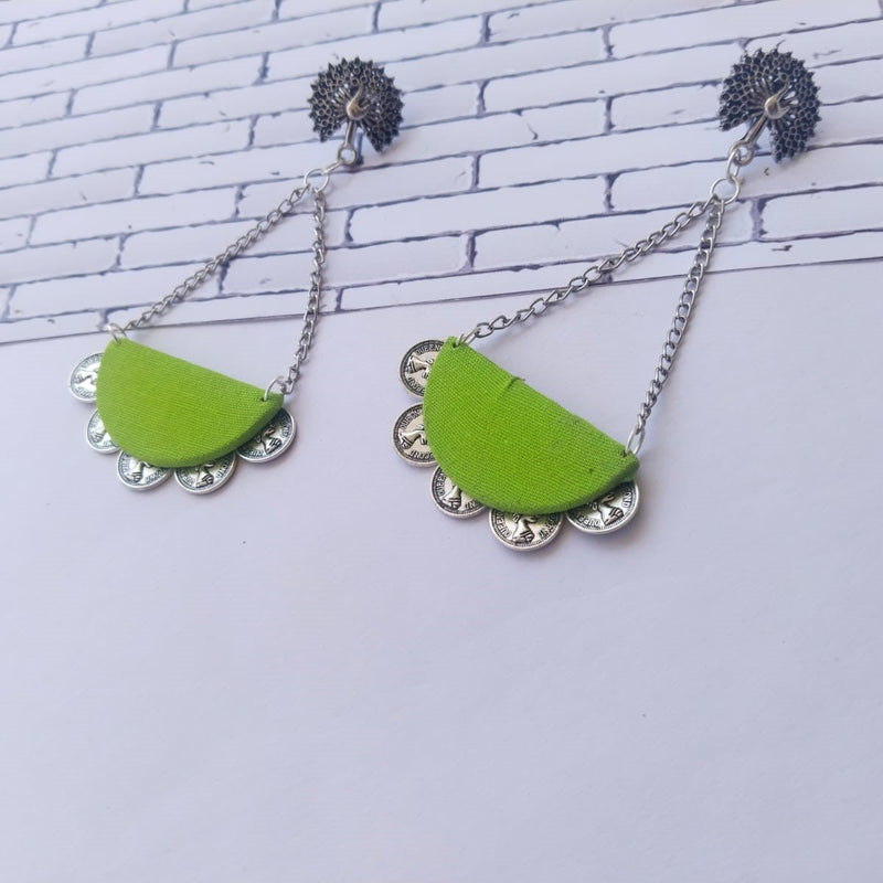 Buy Peacock Green and Silver Chain Long Earrings | Shop Verified Sustainable Womens earrings on Brown Living™