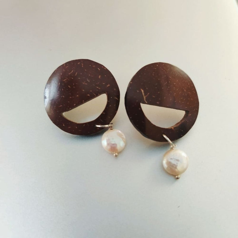 Pearl & Round Coconut Shell Earrings (Golden Hook) | Verified Sustainable Womens Earrings on Brown Living™
