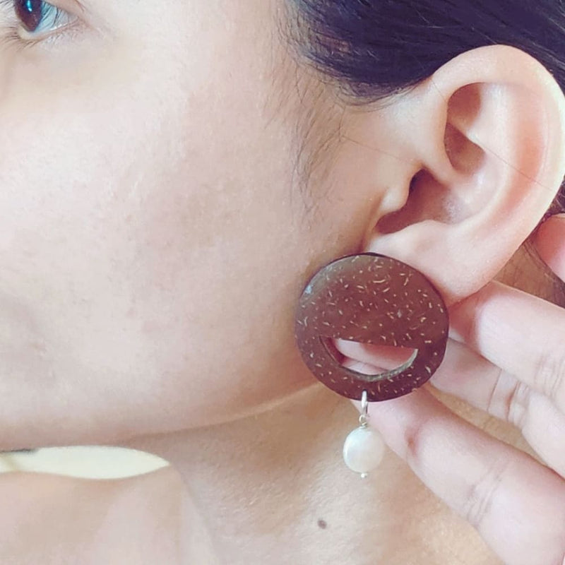 Pearl & Round Coconut Shell Earrings (SIlver Hook) | Verified Sustainable Womens Earrings on Brown Living™
