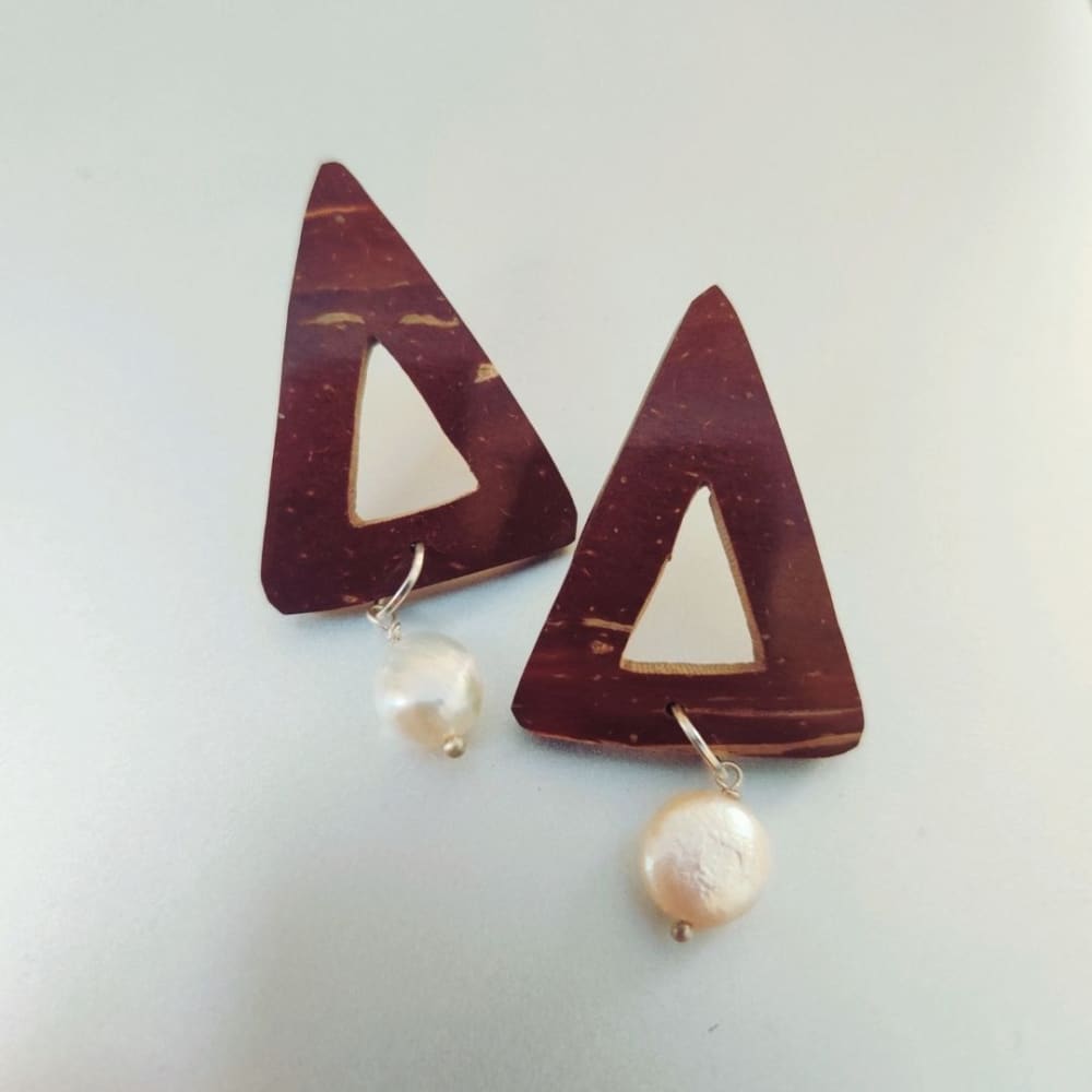 Pearl & Triangle Coconut Shell Earrings (Golden Hook) | Verified Sustainable by Brown Living™