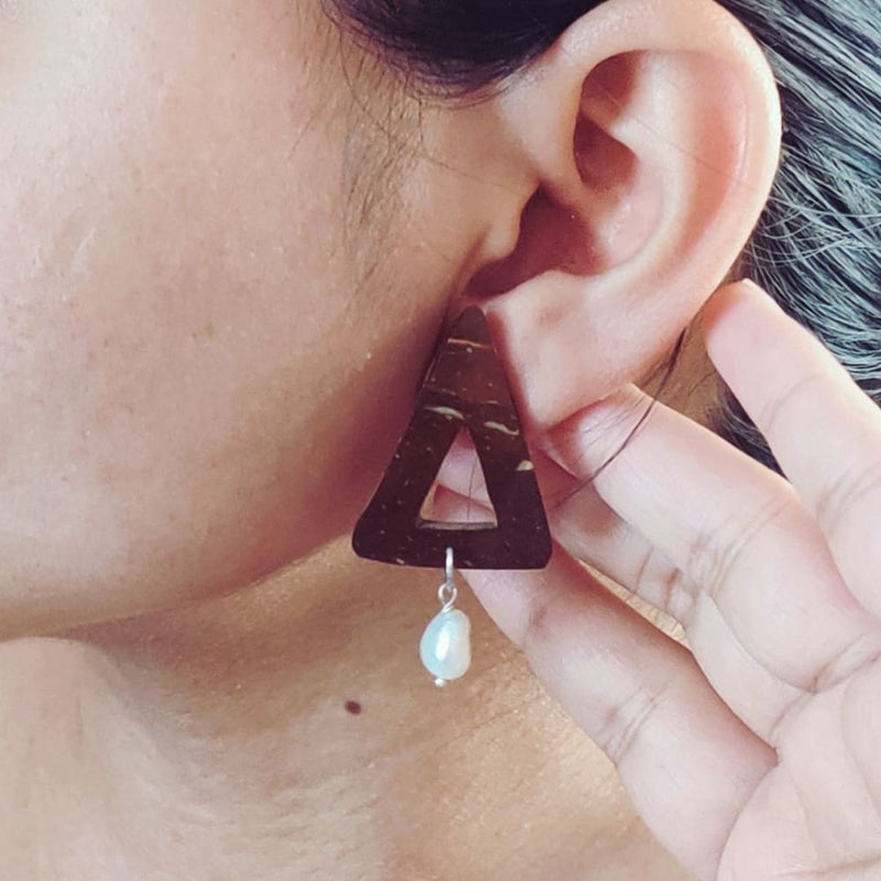 Pearl & Triangle Coconut Shell Earrings (Silver Hook) | Verified Sustainable Womens Earrings on Brown Living™