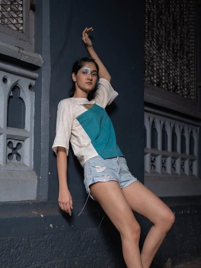 Peek - a - Boo Top | 100% Handwoven Cotton Fabric | Elegant Turquoise and Cream Cotton Top – Womens Top on Brown Living™. SKU: UPB - XS. Img 6.