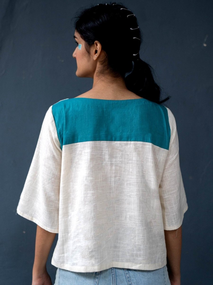 Peek - a - Boo Top | 100% Handwoven Cotton Fabric | Elegant Turquoise and Cream Cotton Top | Verified Sustainable by Brown Living™