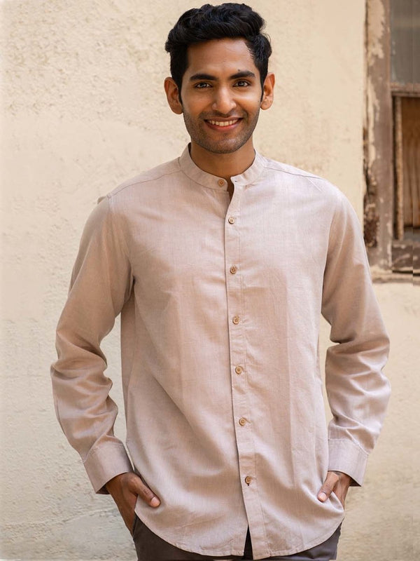 Buy Peppercorn Brown Mandarin Collar Shirt in TENCEL™ Lyocell Linen | Shop Verified Sustainable Products on Brown Living