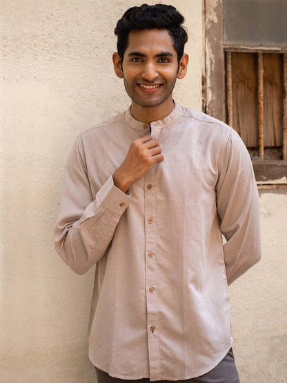 Peppercorn Brown Mandarin Collar Shirt in TENCEL™ Lyocell Linen | Verified Sustainable by Brown Living™