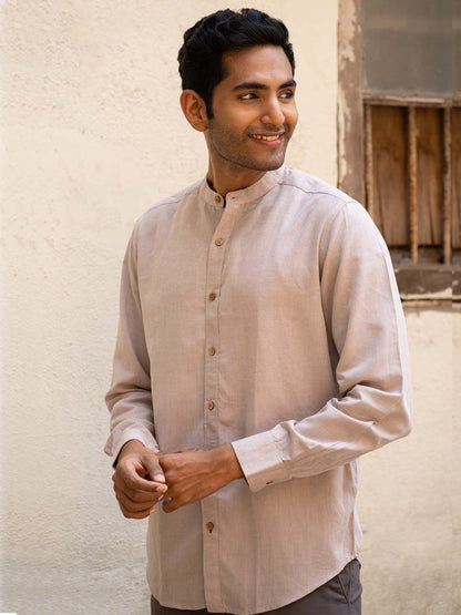 Peppercorn Brown Mandarin Collar Shirt in TENCEL™ Lyocell Linen | Verified Sustainable by Brown Living™