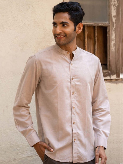 Peppercorn Brown Mandarin Collar Shirt in TENCEL™ Lyocell Linen | Verified Sustainable by Brown Living™